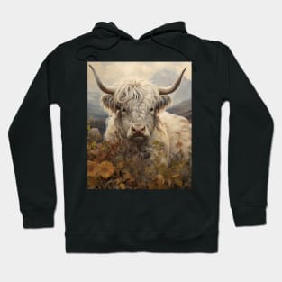 Highland Cattle Wildflowers Retro Art | Vintage-Inspired Landscape with Scottish Cows Hoodie